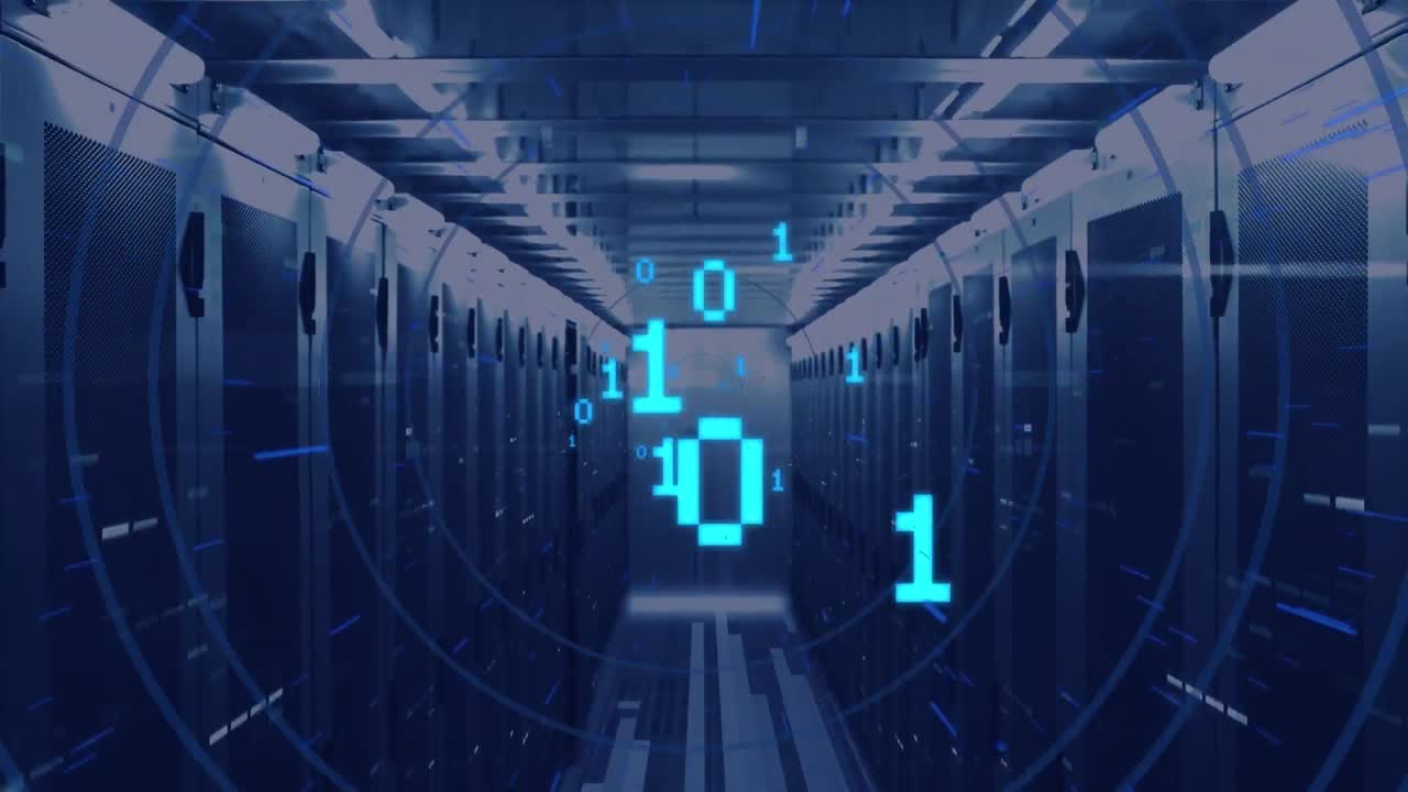 Animation of binary coding and circles over server room