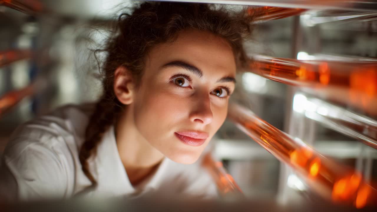 A Young Woman's Intense Gaze Through a Series of Bright Orange Tubes in a Structured Environment, Capturing a Moment of Focus and Curiosity in an Engaging and Thought-Provoking Setting