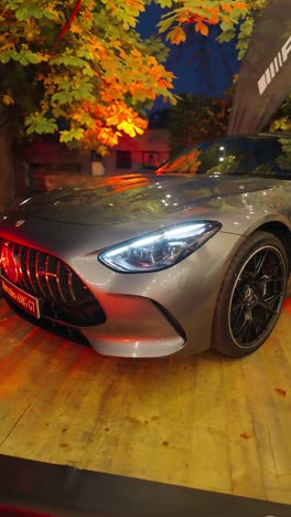 vertical shot on luxurious car parked on wooden platform during motor show