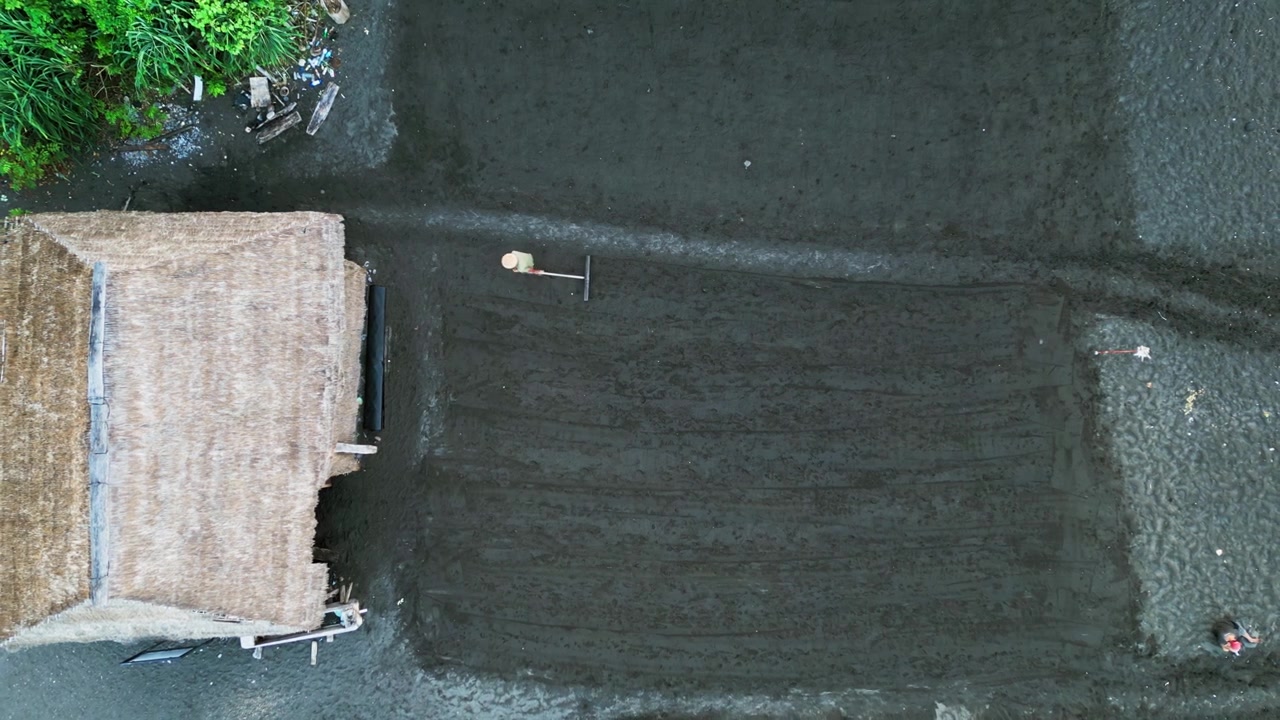 Pekerja lokal menggunakan perkakas tangan untuk meratakan pasir di lahan produksi pesisir tradisional di samping gubuk tropis pedesaan di garis pantai tropis, rekaman drone dari atas