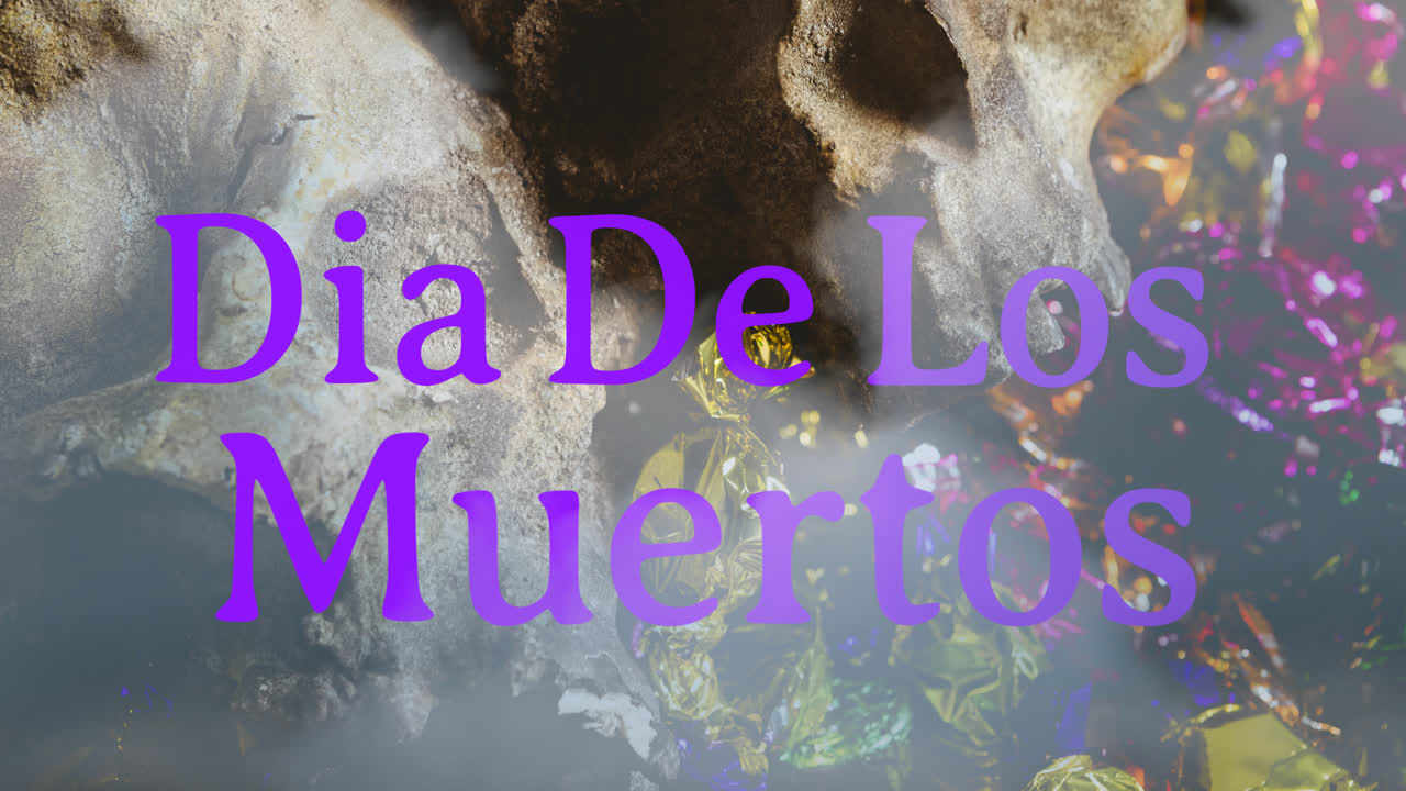 анимация dia de los muertos над черепами на заднем плане