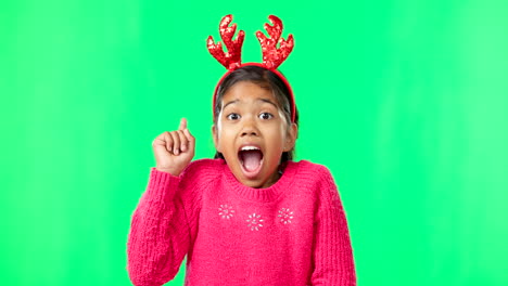 child portrait, christmas and thinking on green