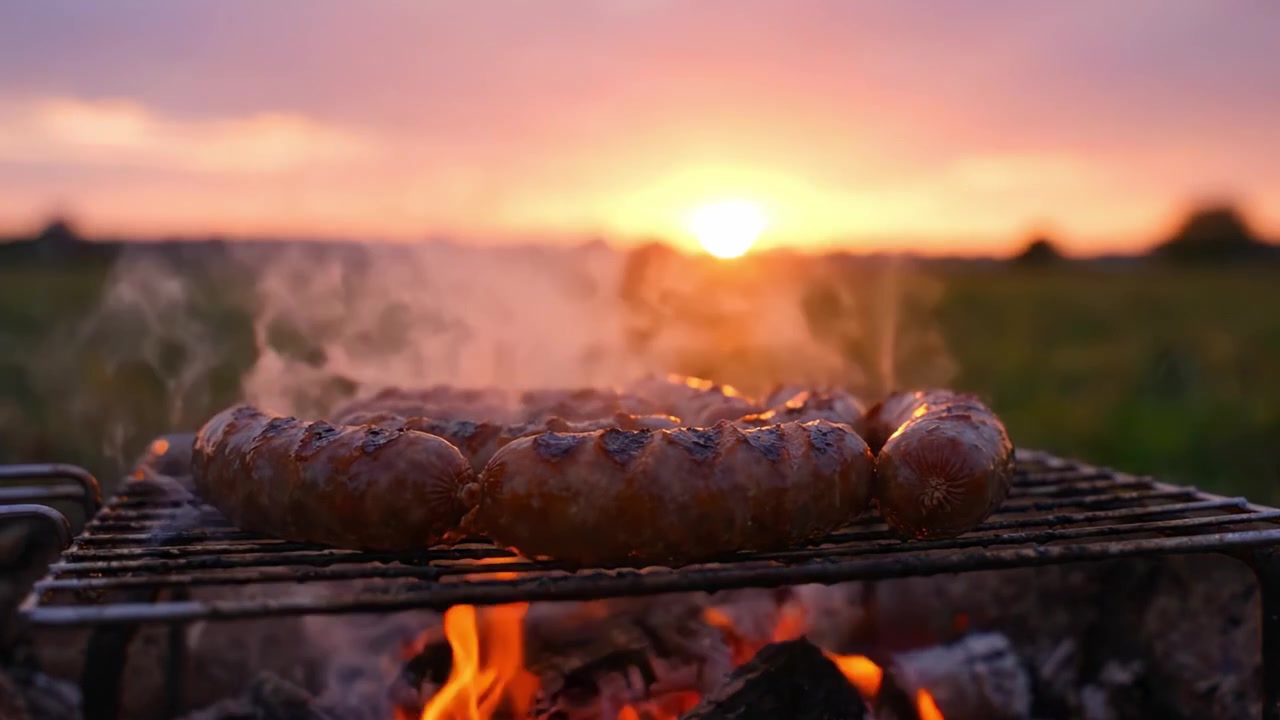 Salsicce deliziose che sfrigolano su un falò al tramonto, creando un'atmosfera calda e invitante mentre il fumo si diffonde nel cielo crepuscolare, perfetto per un'avventura culinaria.