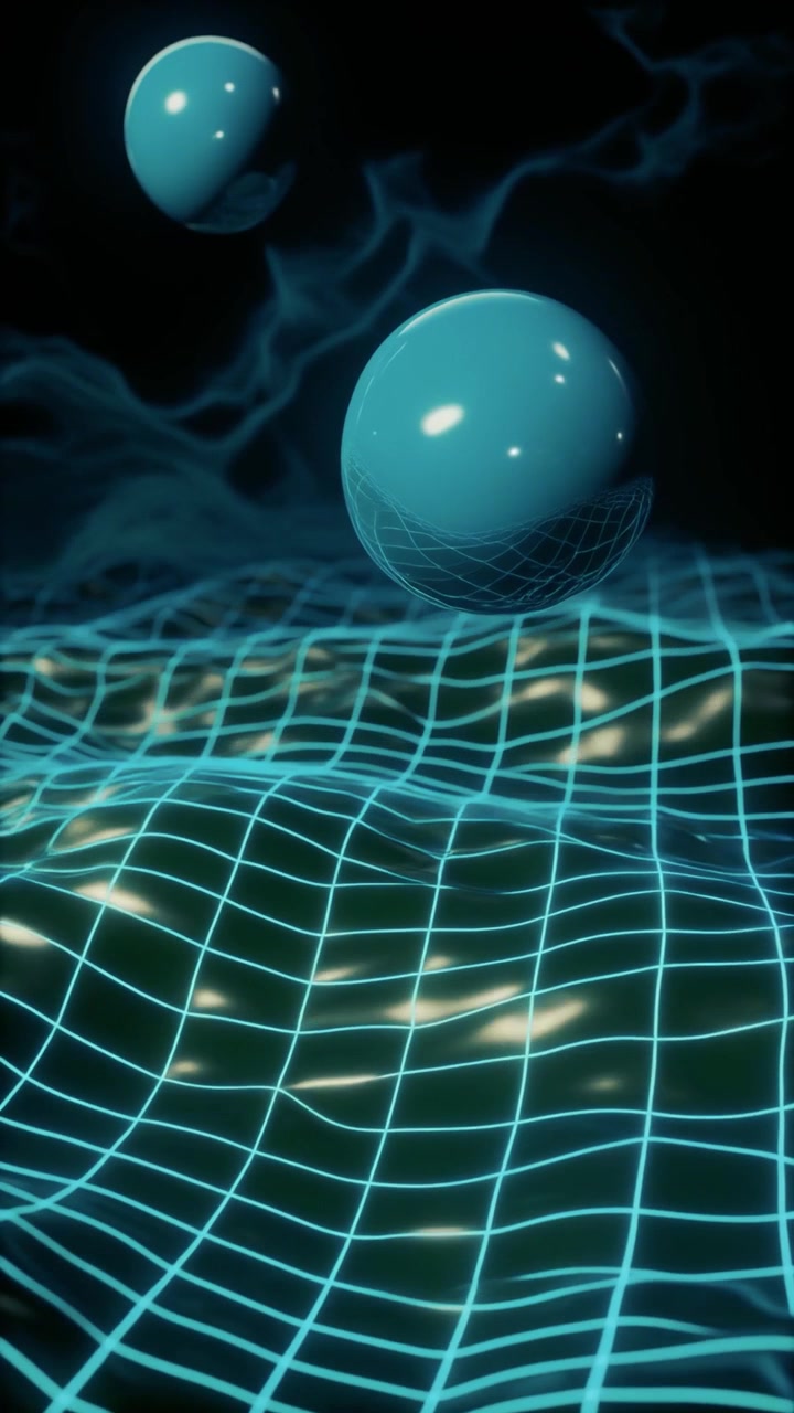 Abstract 3D Animation of Floating Spheres Over a Glowing Digital Grid
