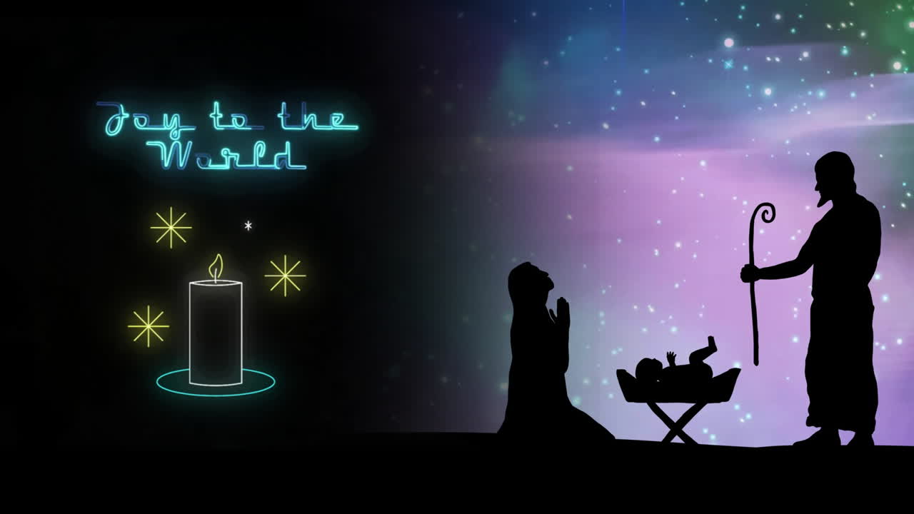 animación de alegría para el mundo texto sobre la escena de la natividad de navidad fondo