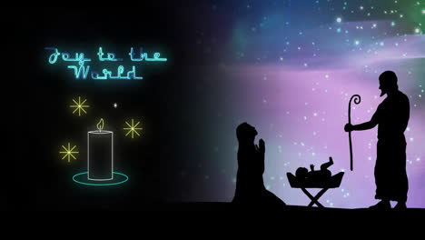 animation of joy to the world text over christmas nativity scene background