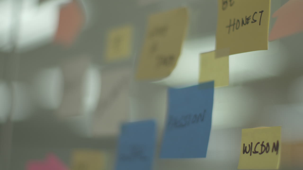 Slow Motion Of Organizational Values Planning Workshop With Sticky Notes