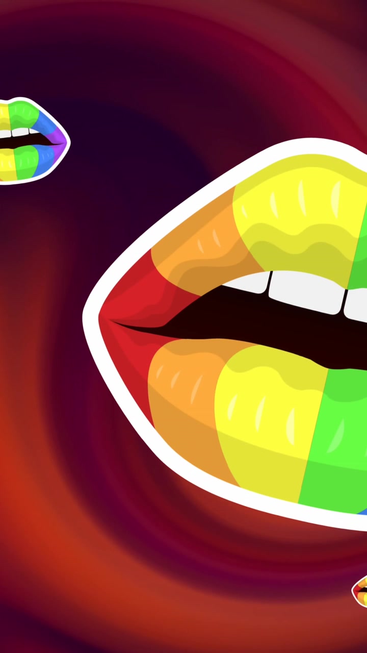 Animazione di labbra arcobaleno lgbtq su sfondo rosso.