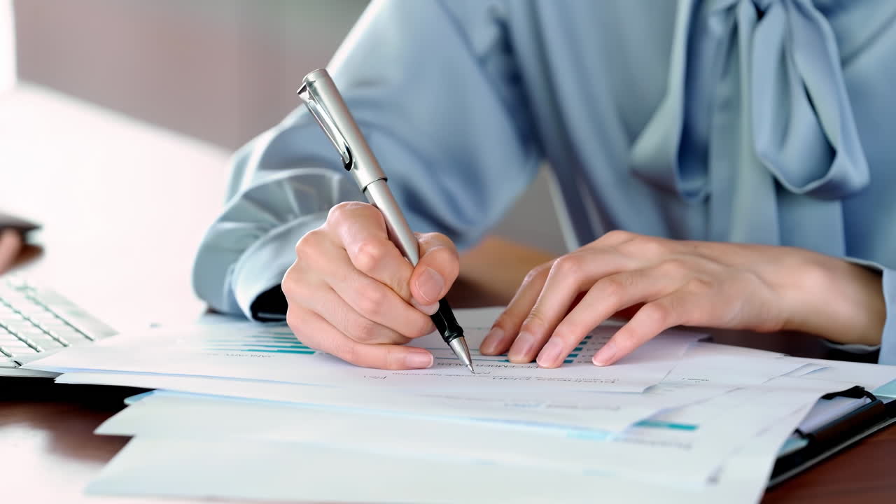 Giovane donna d'affari concentrata che analizza attentamente documenti finanziari con grafici, revisiona meticolosamente rapporti complessi prendendo appunti scritti a mano e mostrando competenza strategica sul posto di lavoro
