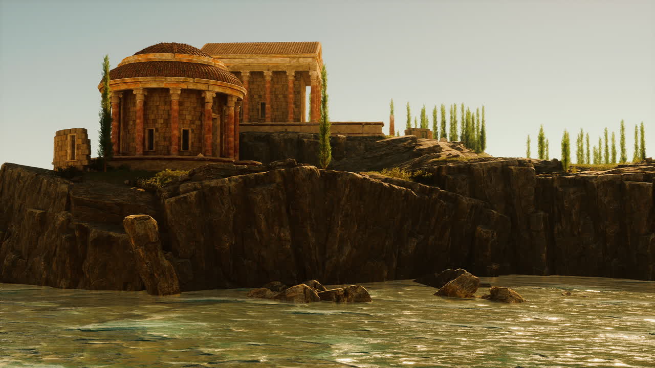 Ruins of an ancient roman temple along the rocky shoreline at sunset