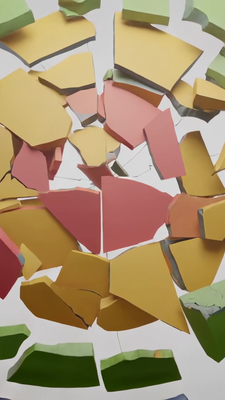 Vertical video: Cracking center disk, rings splitting into shards in studio, showing white backing