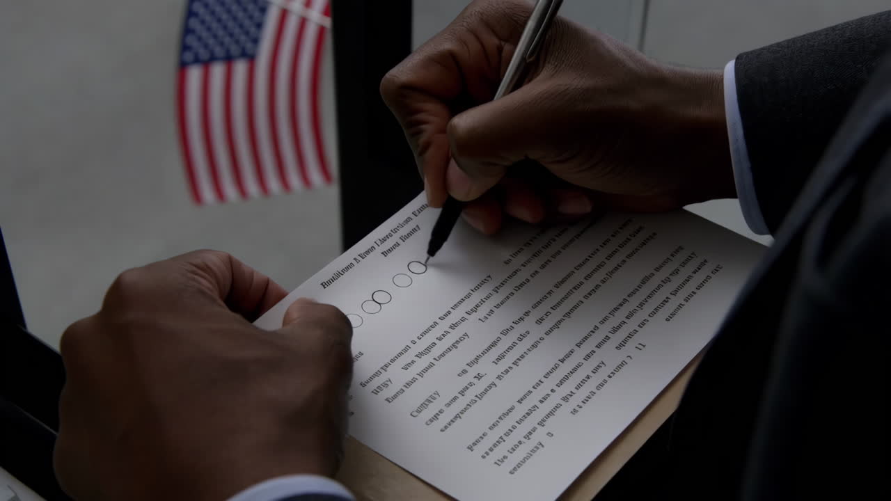 A person is shown writing on a document with a pen, with an American flag visible in the background