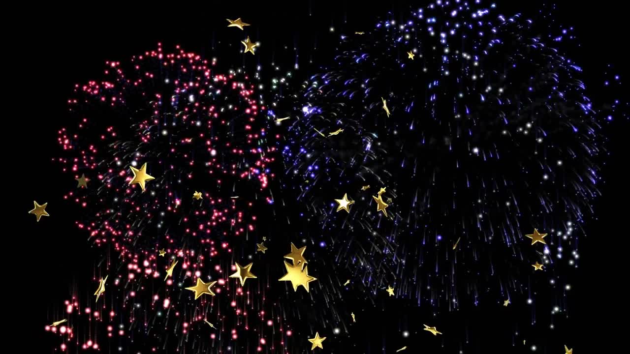 검은 바탕에 불꽃놀이 위에 떠다니는 별들의 애니메이션