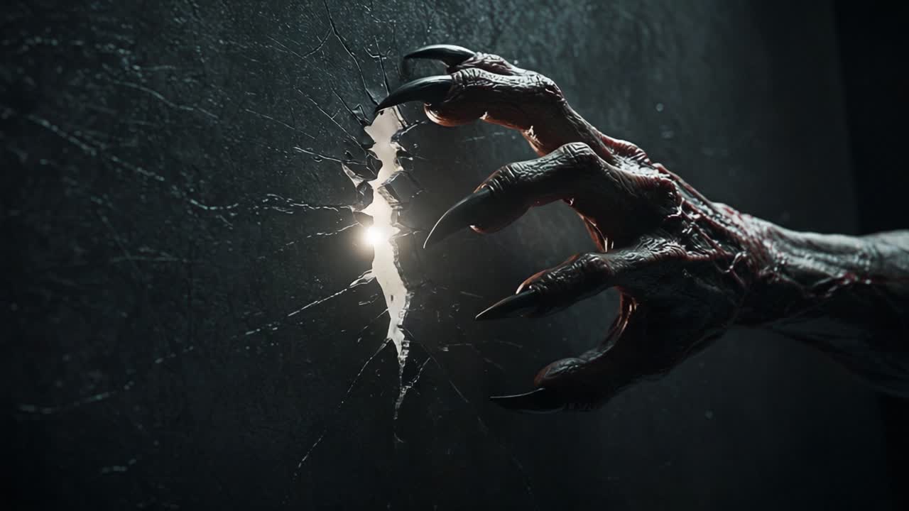 A Terrifying Claw Emerges from the Darkness, Gripping the Cracked Wall as Light Seeps Through the Crevice, Evoking a Sense of Dread and Anticipation of the Unknown