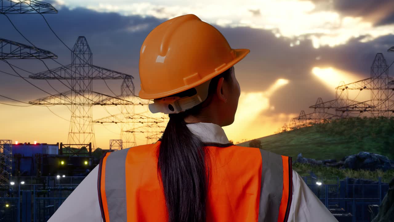 Close Up Back View Of A Female Engineer Wearing Safety Helmet Looking Around While Standing With Arms Akimbo Near High Voltage Tower