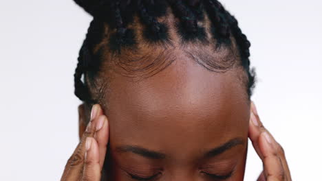 Closeup,-headache-and-black-woman-with-stress