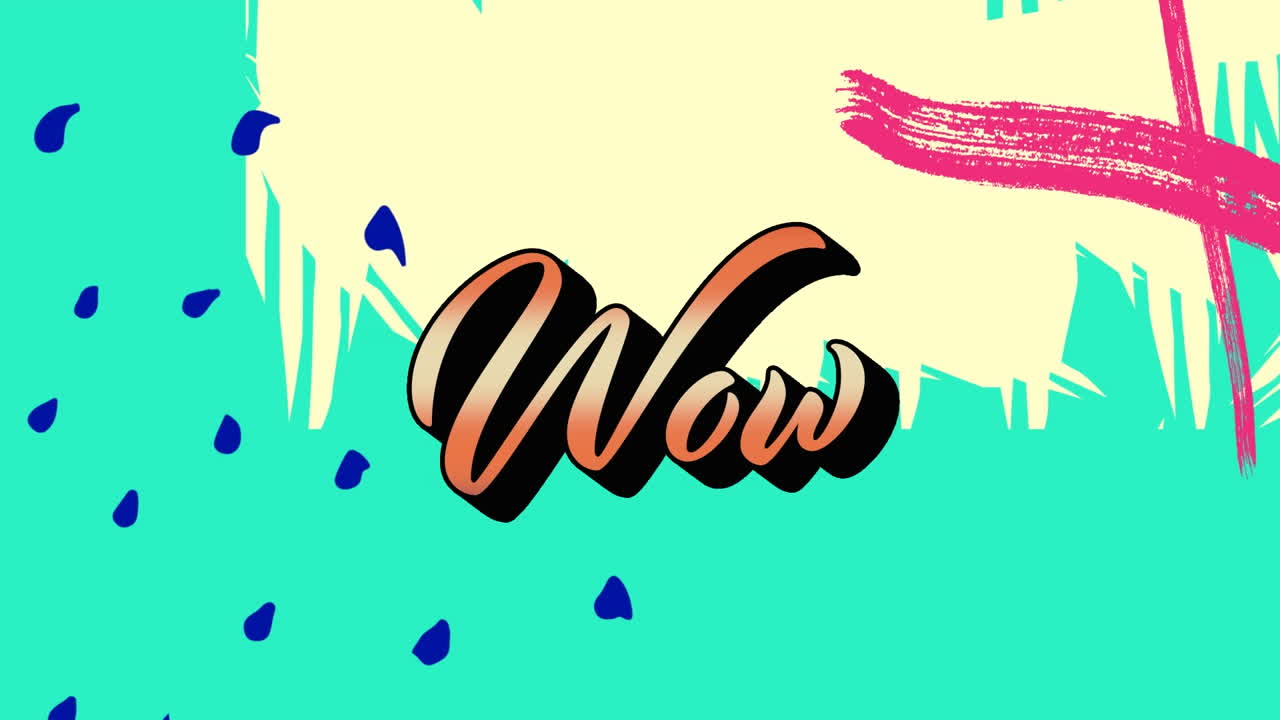 Animation of wow text over shapes on green background