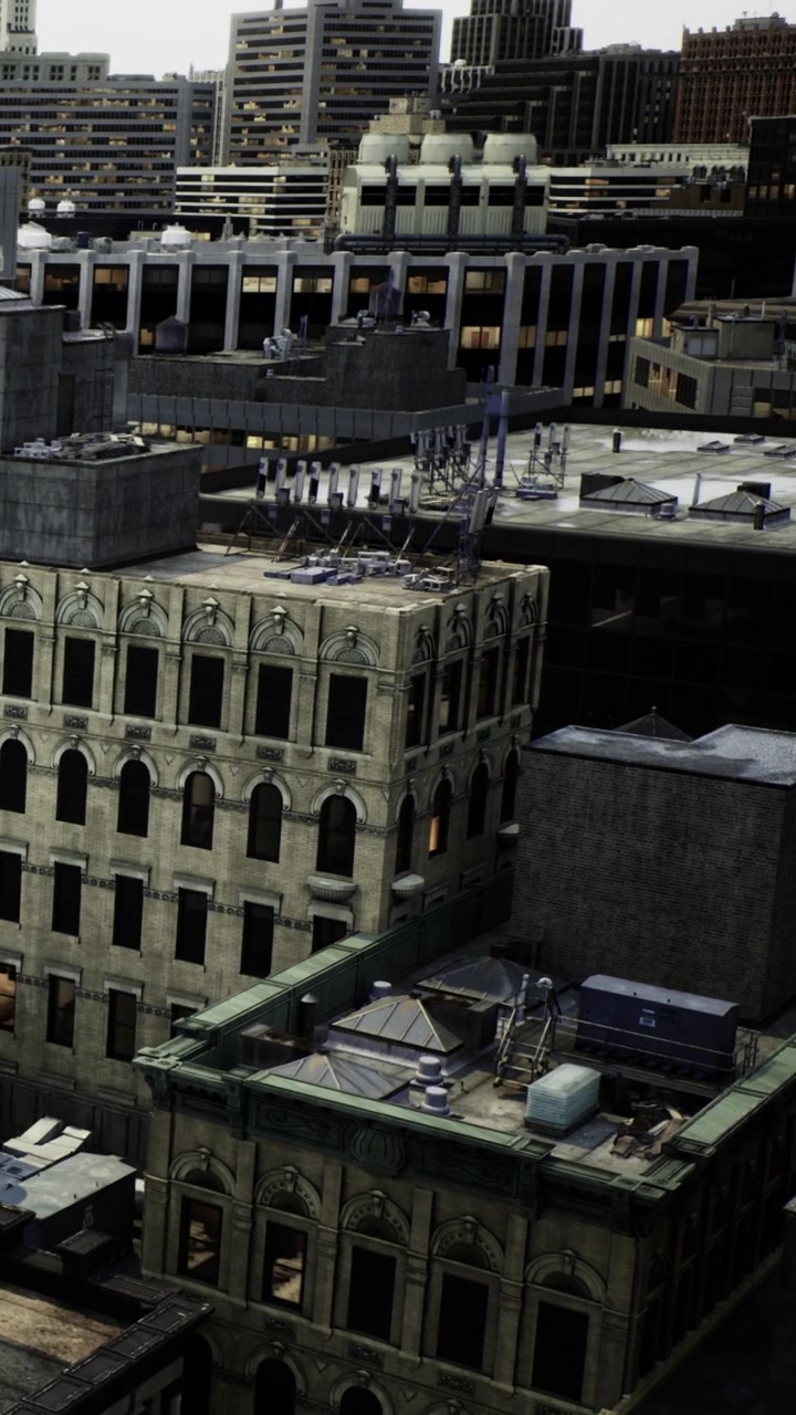 Edifici e tetti in una città di notte con luci e strutture.