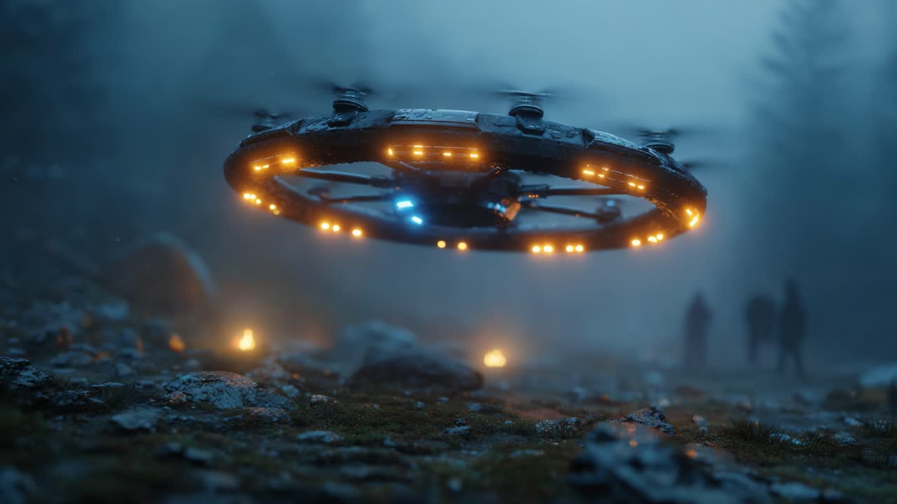 A Mysterious UFO Hovers in the Foggy Forest, Illuminating the Surroundings with Its Lights as Shadows of Two Figures Approach from the Distance
