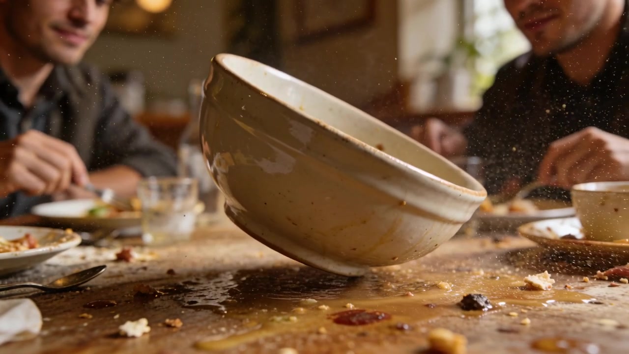Gran cuenco de cerámica volcándose tras un empujón con el tenedor, derramándose sobre la mesa de la cafetería, con hombres con chaqueta observando.