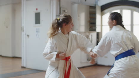 side view of serious martial artists practicing attacking beats