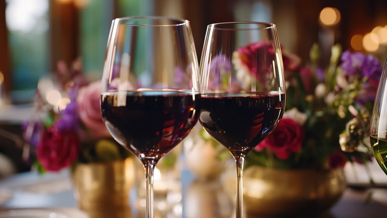 To vinglas skinner med fyldig rød væske. Bløde bokeh-lys gløder i baggrunden. Blomsterarrangementer tilføjer varme til scenen. Et stearinlys blafrer blidt ved siden af glassene