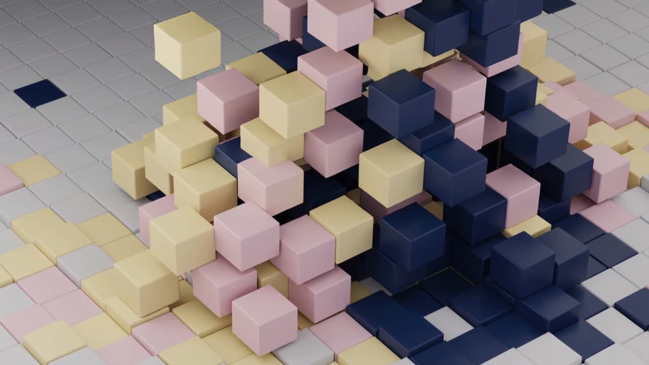 Animating central cube cluster rising, shifting and settling on tiled plane, pastel navy pink cubes