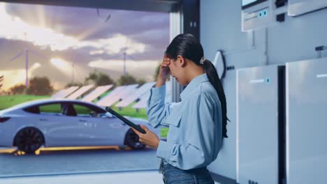 side view of asian female with her tablet with home energy storage system in a modern garage, checking with dissapionted and nodding her shead