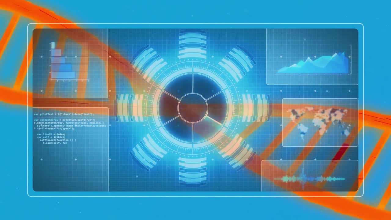 Animation of dna strand spinning, scope scanning and scientific data processing on screens