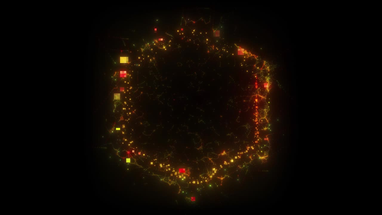 бесперебойная петля. анимация желтого шестиугольного портала, состоящего из сбоистых квадратов и энергетических сгустков, изолированных на черном фоне с альфа-люмой матовым vfx cg 4k. космическая дверь. научная фантастика. футуристическая.