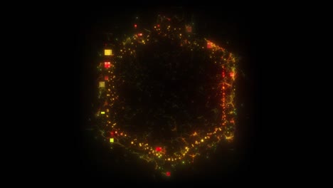bucle sin costuras. animación de un portal hexagonal amarillo que consta de cuadrados defectuosos y coágulos de energía aislados en fondo negro con alpha luma matte vfx cg 4k. puerta espacial. ciencia ficción. futurista.