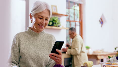 Phone,-tea-and-smile-with-a-senior-woman