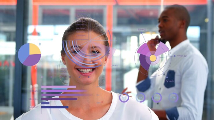 Woman centering in business office camera cropping and radial charts syncing with face showing data