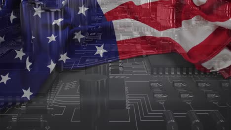 Animation-of-computer-circuit-board-with-data-processing-and-flag-of-usa