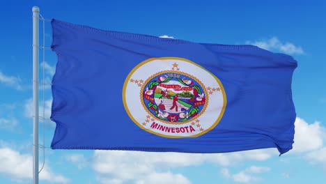 minnesota flag on a flagpole waving in the wind, blue sky background. 4k