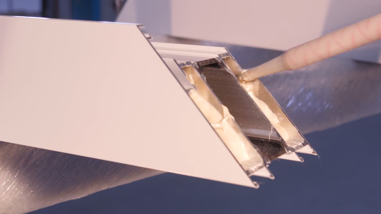 aplicación de sellador de espuma a los marcos de las ventanas de aluminio