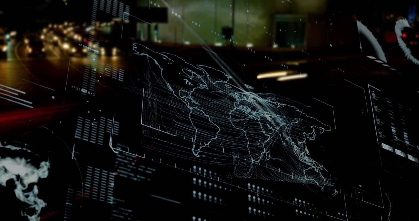 Animation of interface with data processing against city traffic at night
