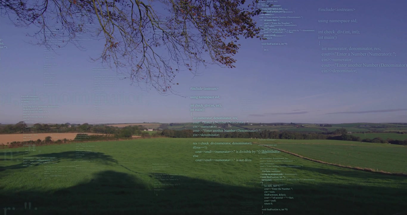 On launch transparent code lines appearing and scrolling across green pasture showing data layer