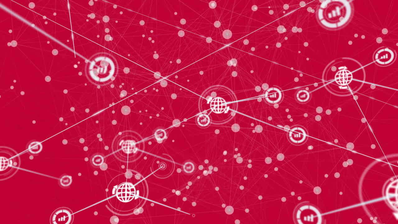 animación de la red de conexiones y procesamiento de datos sobre fondo rojo