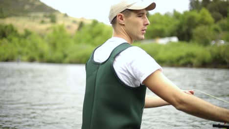 slow motion shot of a caucasian male fisherman casting his hook while fly fishing-2