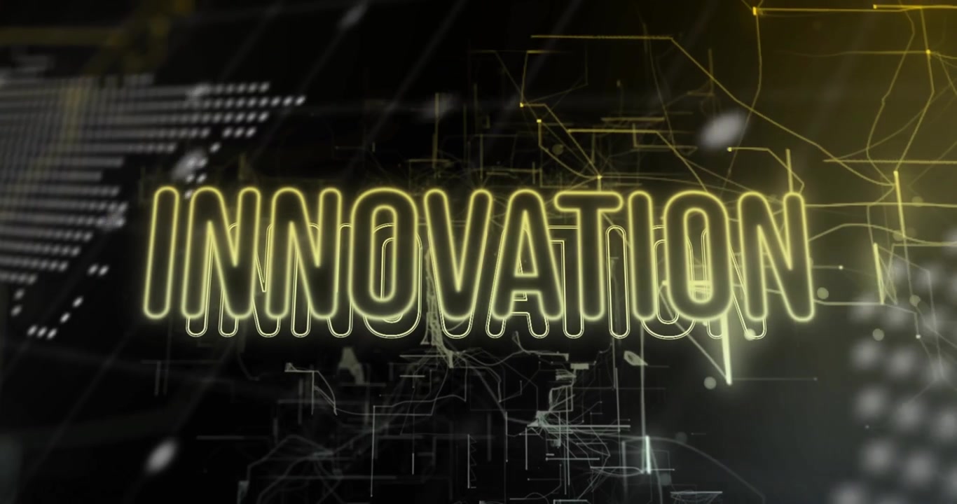 Faint code lines appearing, initiating INNOVATION emerging and pulsing, scaling for tech opener