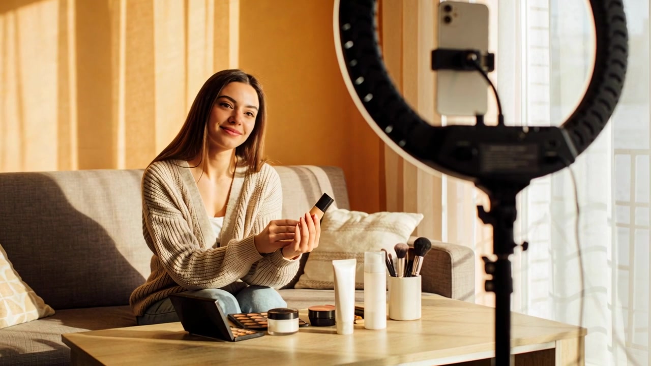 Recording creator wearing cardigan and jeans at home speaking to phone on ring light showing makeup