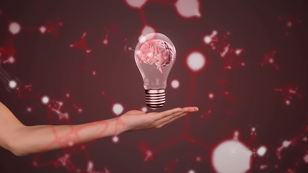 Sol taraftan uzanan bir önkol, beyin içeren havada duran bir ampulü destekliyor; animasyonlu nöral motifler bir teknoloji fikrini gösteriyor.