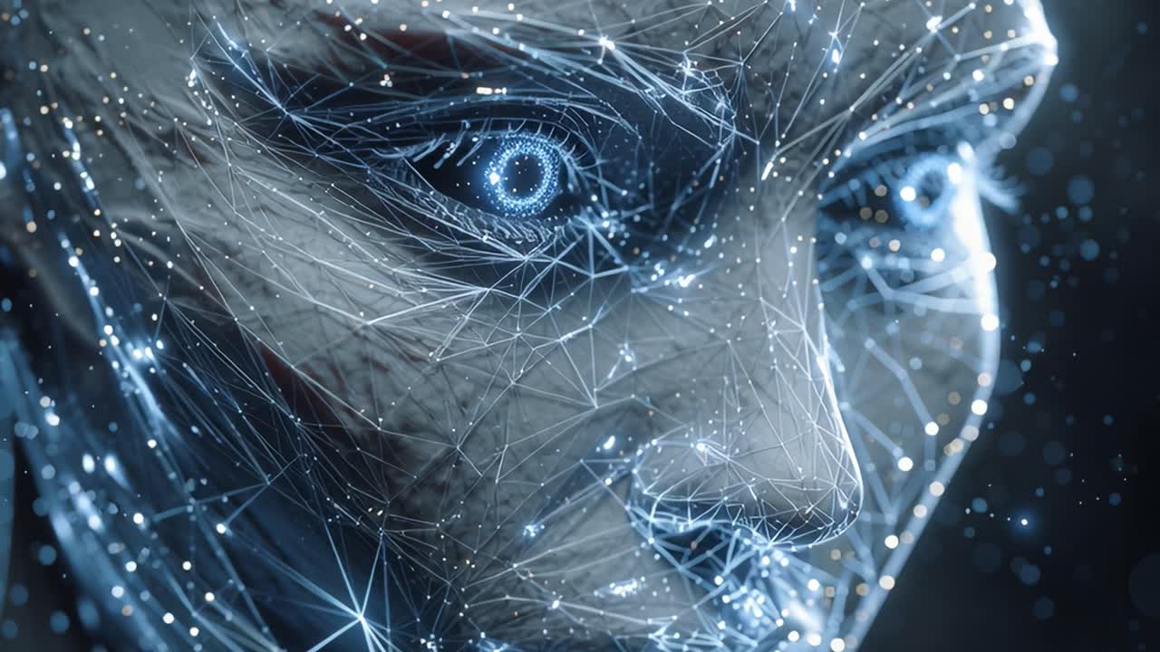 Digital face composed of a complex network of glowing blue nodes and lines slowly turns, representing concepts of artificial intelligence, facial recognition, and futuristic virtual reality