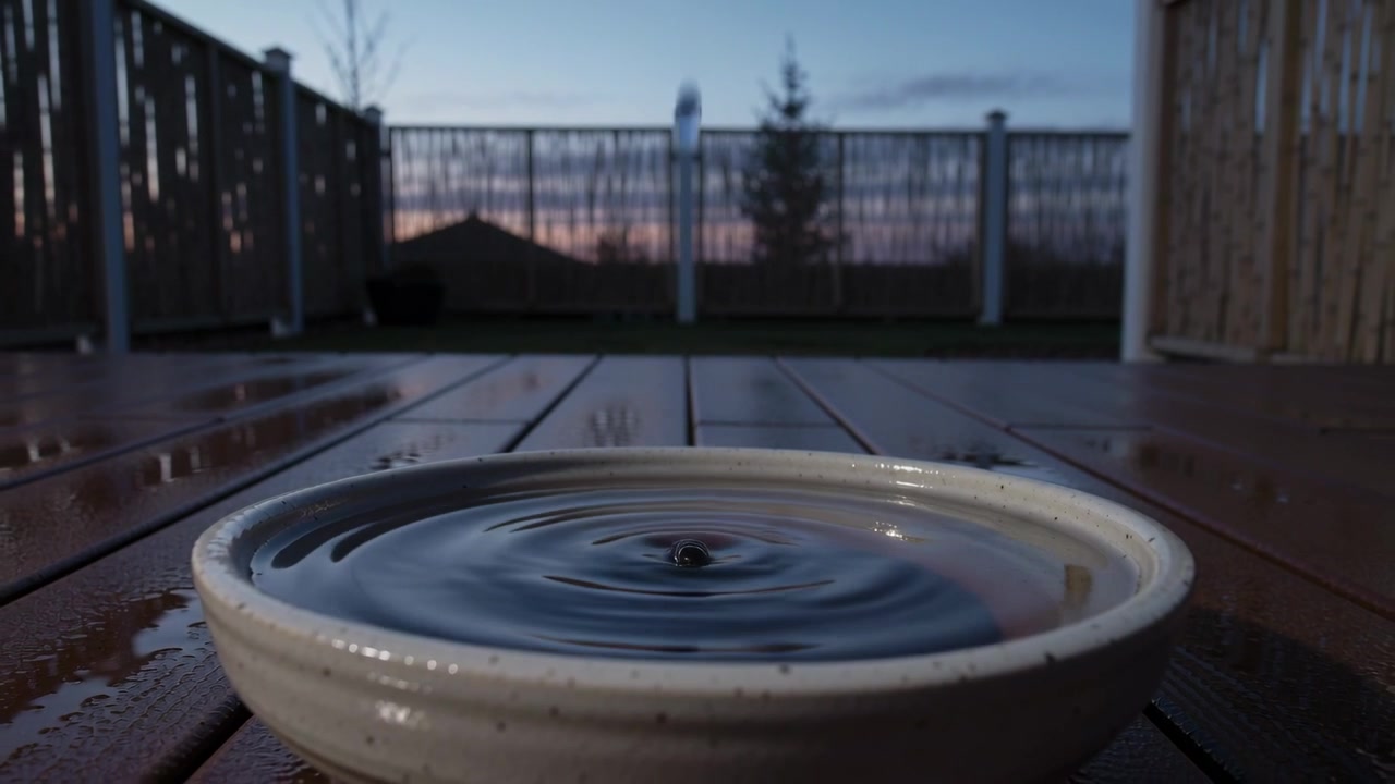 Receiving shallow ceramic bowl creating expanding ripples on deck at dusk, with falling droplet