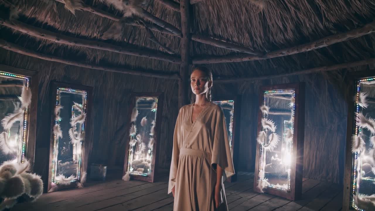 Woman in flowing garment stands confidently in a rustic interior, surrounded by illuminated mirrors, capturing the essence of self-reflection and inner strength