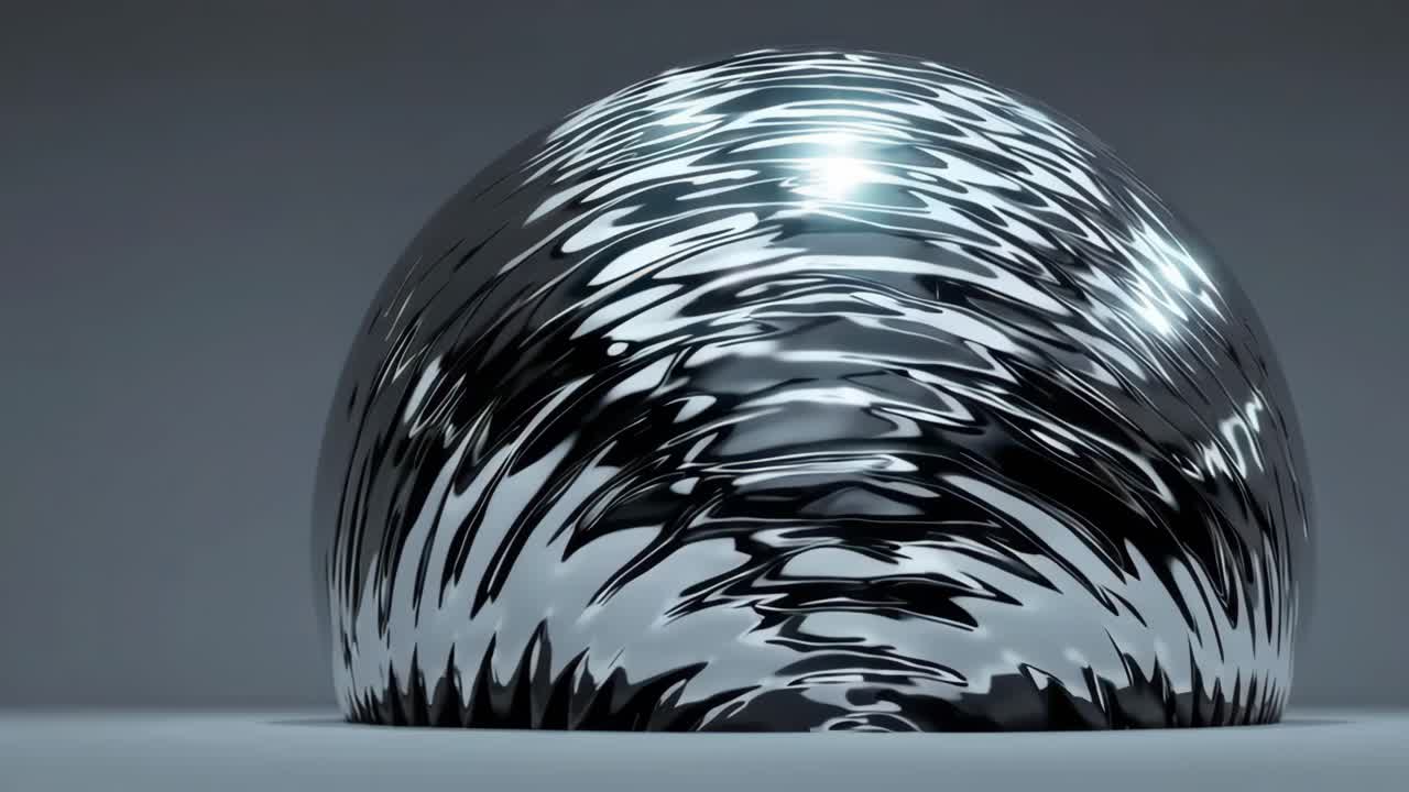 A metallic sphere with intricate reflective patterns creating an abstract visual on a smooth surface