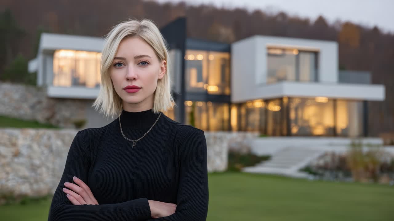 A Confident Woman Posing in Front of a Modern House Surrounded by Nature, Showcasing Architectural Design and Elegance in a Serene Environment