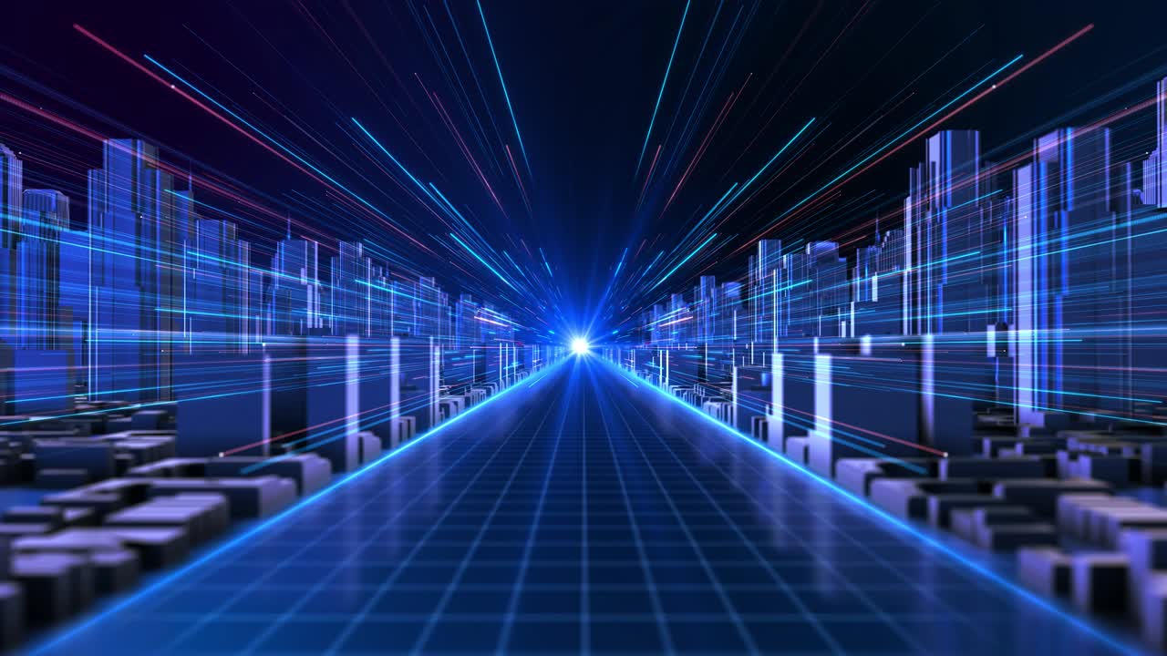 Futuristic digital data rain over cyber city skyline technology animation smart city falling data