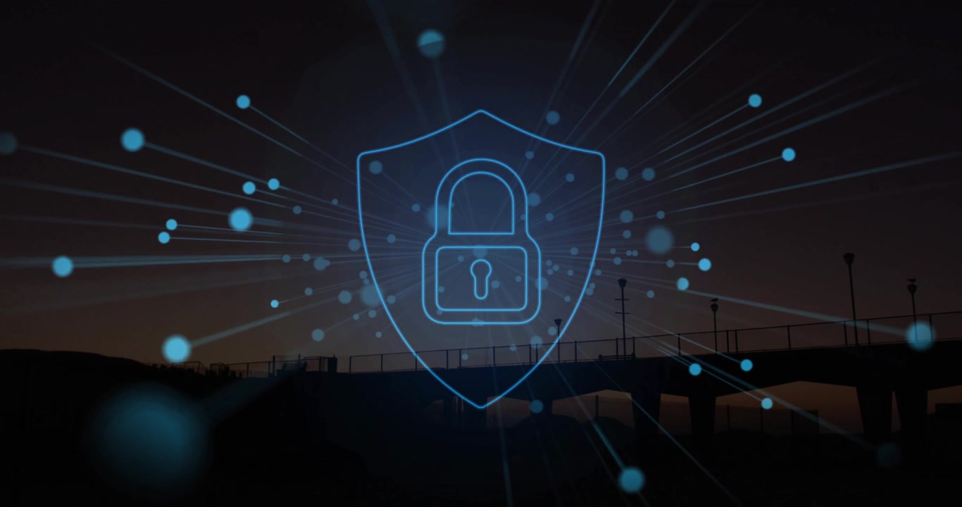 Glowing blue particles appearing drifting inward forming neon shield padlock showing security